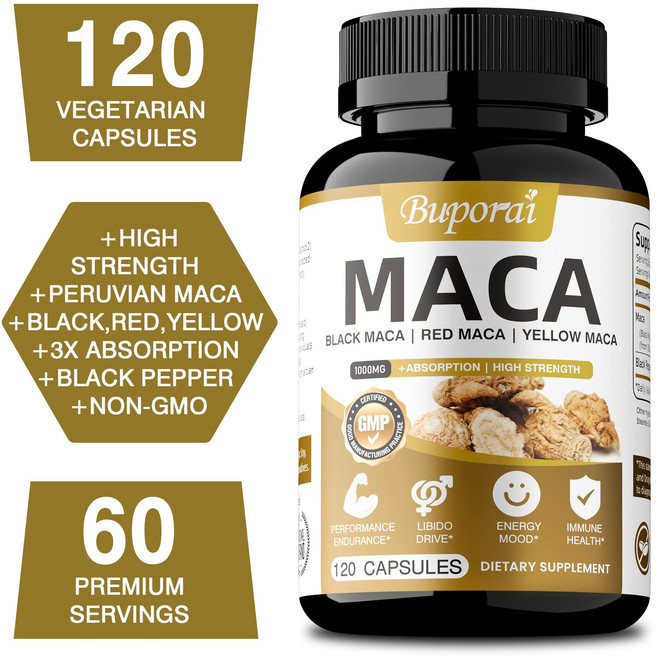 유기농 마카 뿌리 분말 캡슐 1000mg (검정색 빨간색 노란색 페루산 마카 뿌리 추출물 함유) - 남녀 공용 비건 필, 2개, 60정