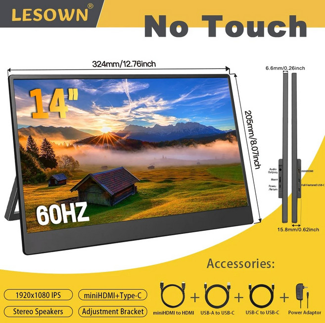 LESOWN 스위치 PC용 5K 14 16 노트북 모니터 화면 디스플레이 보조 4K 타입 미니 휴대용 120HZ 인치 11 게이밍 HDMI, 없음, 13) 14in 1080p no touch - EU 플
