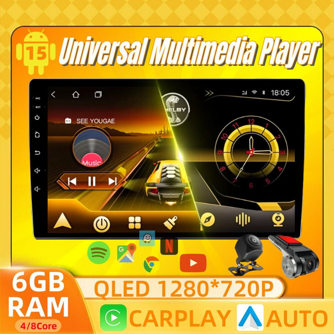 Android 15 6GB RAM 자동차 플레이어 QLED 터치 스크린 헤드 유닛(무선 Carplay 포함) Android Auto DSP FM GSP 미러 링크 자동차 라디오, 9inch player+Dashcam, (4Core Wifi)6+32G