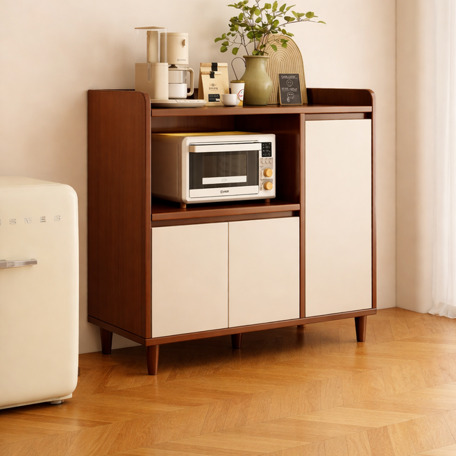홈카페 주방 수납장 커피머신 오븐 정리 선반 다용도 수납 가구, 진한 갈색+흰색