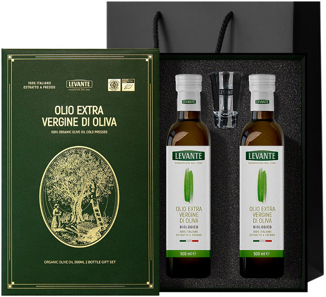 [선물세트]르반테 유기농 올리브오일 세트 + 블랙쇼핑백 오일잔, 2개, 500ml