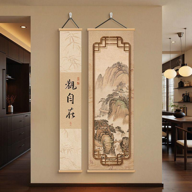 美學背景牆掛畫 玄關豎版裝飾畫 長條書法茶室客廳走廊書房壁畫, 2.觀自在,高清閃銀油畫布+松木掛軸+送粘鉤無痕釘