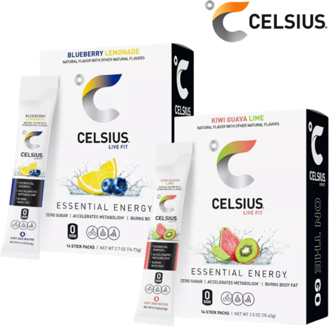 [CELSIUS] [1+1] 셀시어스 히트 워터 제로슈가 블루베리 레모네이드 맛 14개입 + 키위 구아바 라임 맛 14개입 에너지 드링크 파우더 Energy Drink Mix