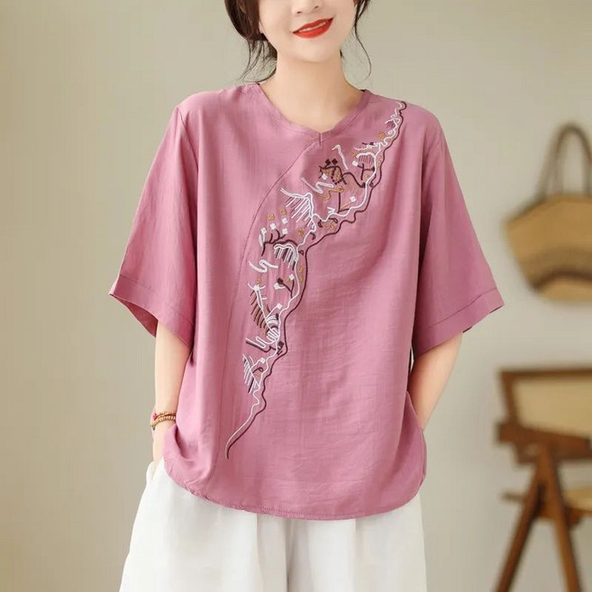 刺繡上衣 夏裝 中國風 大碼 寬鬆 透氣 棉麻