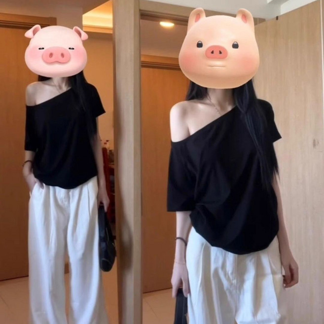 斜肩短袖女露肩t恤 寬鬆黑色一字肩上衣
