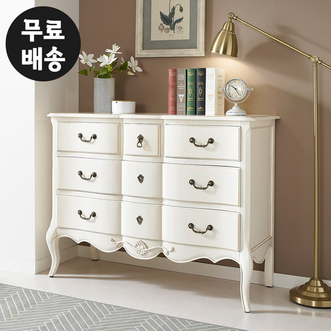 리나 엔틱 서랍장 원목 와이드 3단 체스트 안방 서랍 거실 서랍장 옷장 깊은 서랍, 아이보리