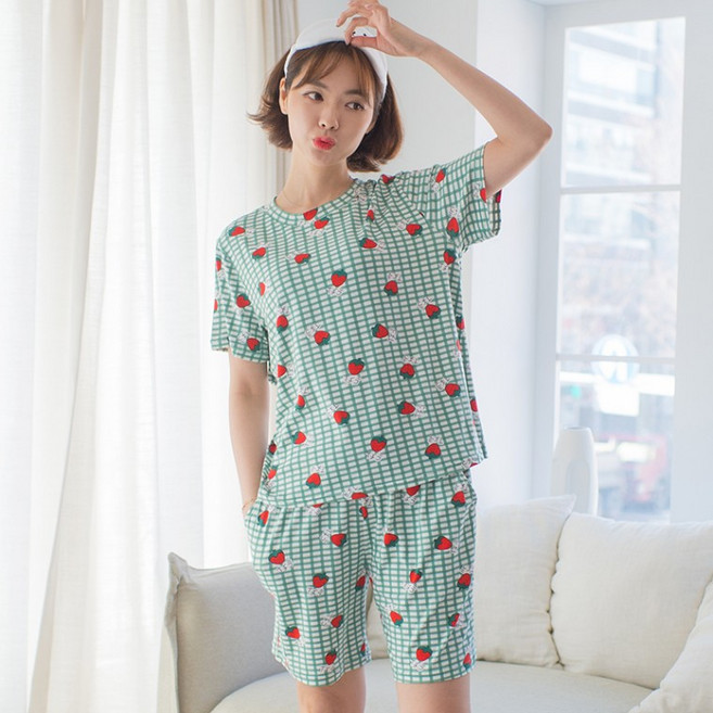 옆집샵 반팔 피치 잠옷 세트 부드러운 촉감으로 꿀잠 자는 여성용 여름 파자마 상하의