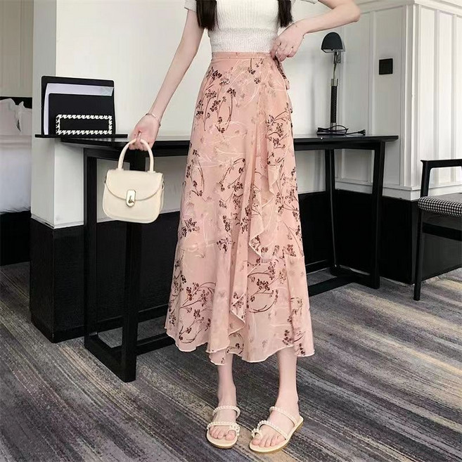 쉬폰 스커트 플라워 프릴 A라인 스커트 끈 랩스커트