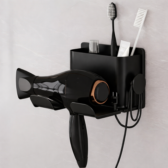 코지드 무타공 깊은 수납형 강력부착 헤어 드라이기 거치대, 1세트, 블랙