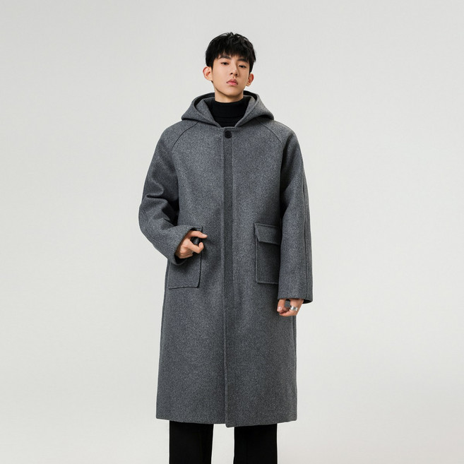 겨울 나른한 솔리드 베이직 후드 롱 무릎 위로 올라오는 메이라드 루즈한 편안함 아우터 데일리로 매치할 수 있는 고급스러운 잉글리시 숄더 모직 커플 코트