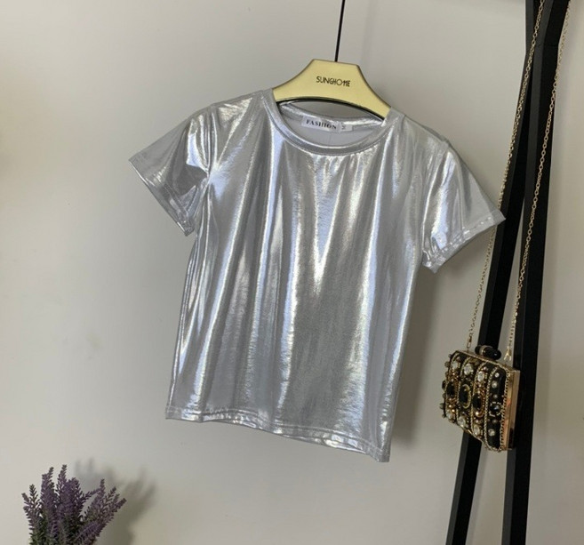 금색 반팔 티셔츠 숏 은색 여성 클럽 방송 의상 짧은 옷