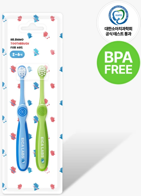 BPA FREE 에이카랩스 어린이 유아 코뿔소 칫솔 2종 만2세 이상 초등학교 저학년 유치원 어린이집, A타입(파랑+연두), 1세트, 2개입 - 쿠팡