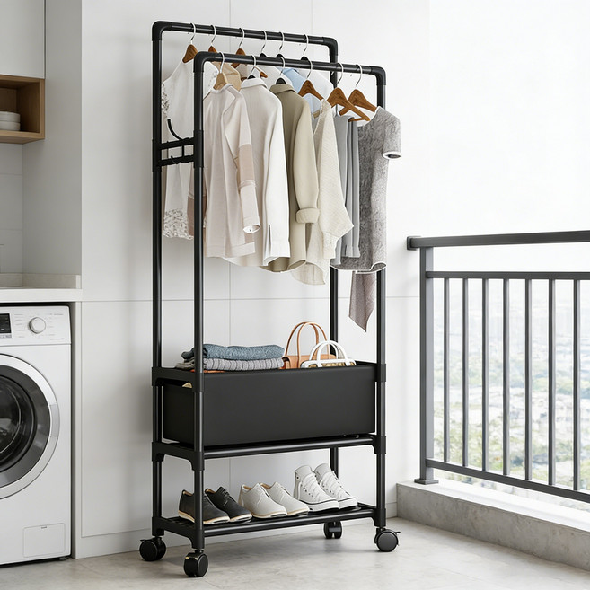 호밍사이 튼튼한 철제 이동식 행거 2단 대용량 수납 옷걸이 스탠드, 블랙
