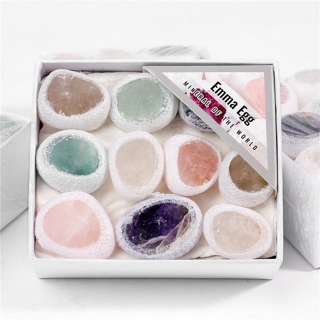 念念不忘 水晶原礦套裝 12種礦石組合 附鑑定證書 居家擺飾 能量石, 白色小禮盒-混裝恐龍蛋切面套裝