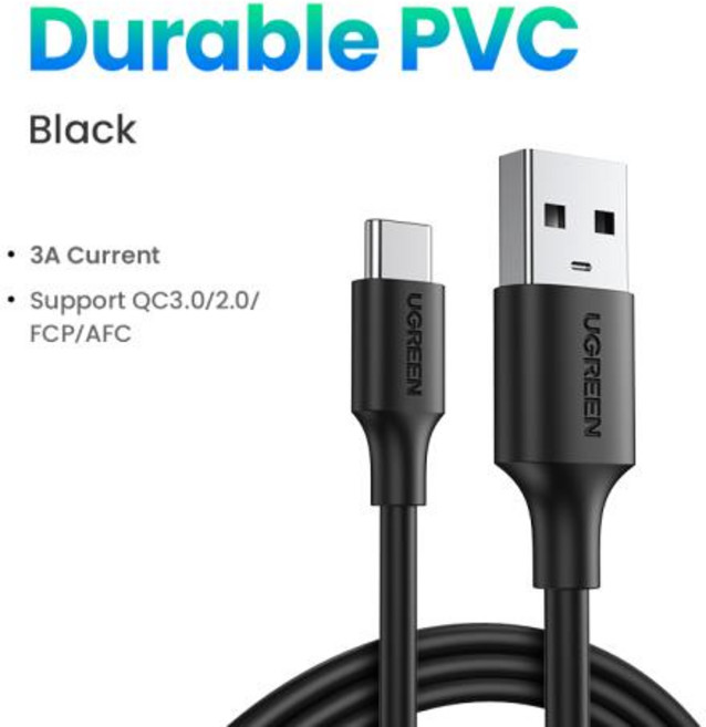 UGREEN USB C 타입 데이터 충전 케이블 USB 3A 고속 충전 케이블 아이폰 호환 5 삼성기기 호환 S23 샤오미 호환 프로용, 6)PVC Black, 3m, 1개