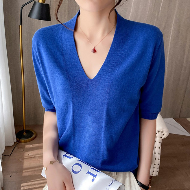 여성 여자 여름 가을 간절기 슬림 라인 브이넥 반팔 니트티 니트 딥인브이넥반팔니트