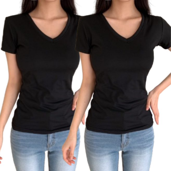 일월전빵 1+1 여성 슬림핏 무지 레이어드 스판 라운드 브이넥 반팔 티셔츠 B-C026