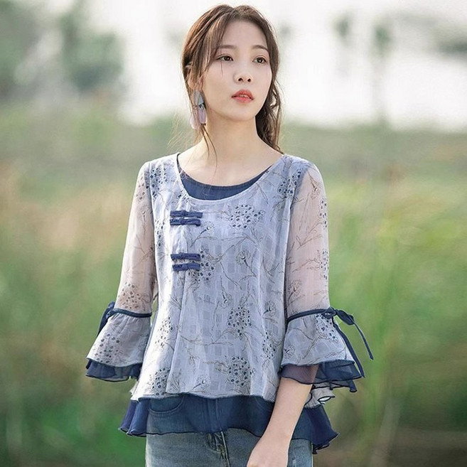 ORZQU 여름 여성 패션 캐주얼 루즈핏 숏 블라우스 셔츠형 셔츠형 칠부 소매 얇은 프린트 디자인감 슬림해보이는 개량한복 상의