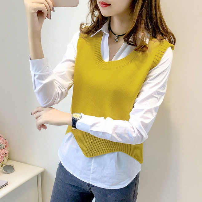 캐주얼 여성 니트 조끼 루즈핏 라운드 여자 니트 베스트 숏 상의 봄 가을 민소매 풀오버 상의 CJJ