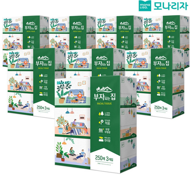 모나리자 부자되는집 250매 3입 8팩(24개) 천연펄프 미용티슈, 250개입, 24개
