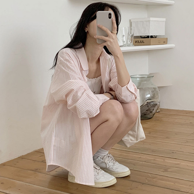 [빅사이즈]데일리 여성 스트라이프 셔츠 긴팔 남방 카라셔츠 빅사이즈 루즈핏 오버핏 간절기
