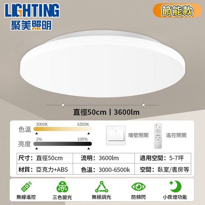 聚美照明 LED吸頂燈 50cm 3600lm 無線遙控 三色變光, 白色