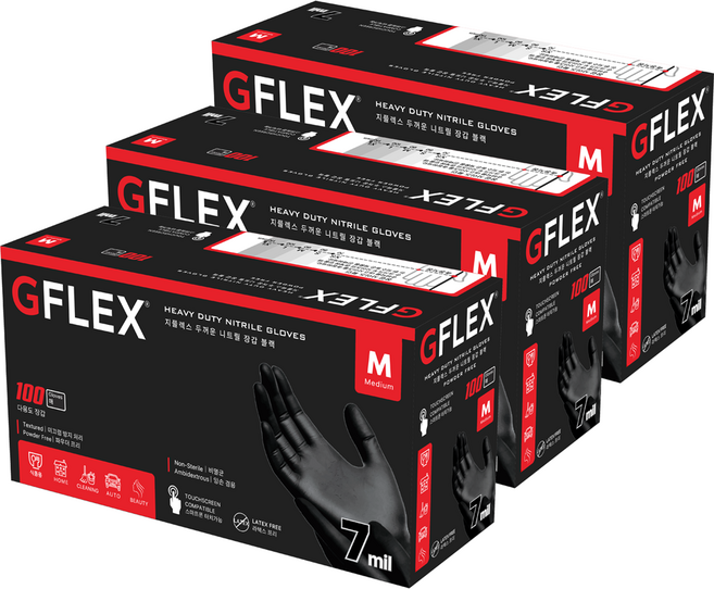 지플렉스 두꺼운 니트릴장갑 블랙 7.0, 중(M), 3개