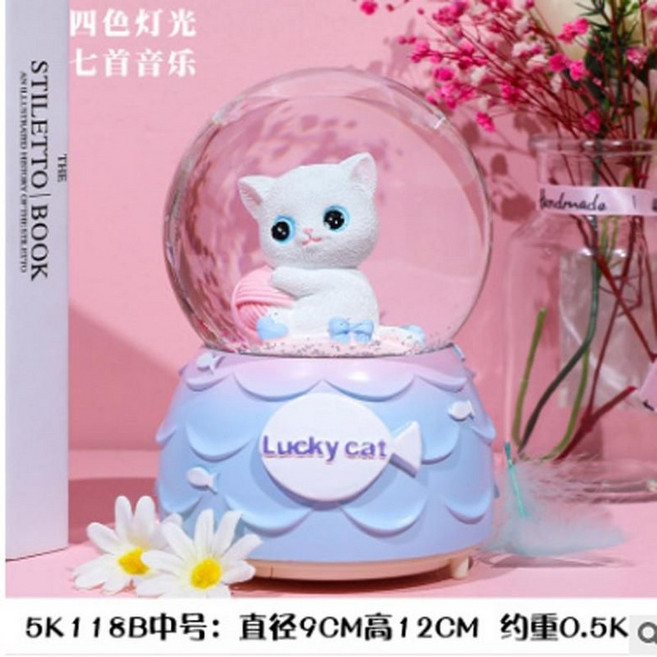 작은 예쁜 스노우볼 장식품 기념품 귀여운 선물 소품 조명 워터볼 유리, 31. 화이트 캣 미디엄 핸드 크랭크 눈송이 음악 +