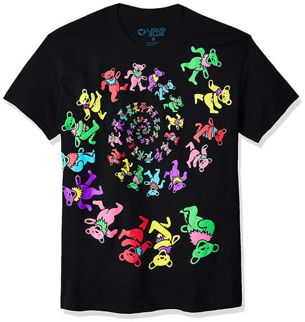 Liquid Blue Grateful Dead 나선형 곰 블랙라이트 티셔츠 블랙. Large 112733