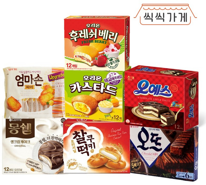 [씩씩가게] 사무실 대용량 파이 7종(몽쉘 후레쉬베리 카스타드 오예스 오뜨 엄마손파이 찰떡쿠키), 1개, 408g