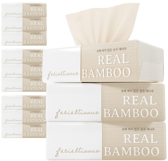 휴홈 무표백 리얼 뱀부 티슈 3겹 소프트팩, 12개, 125매입