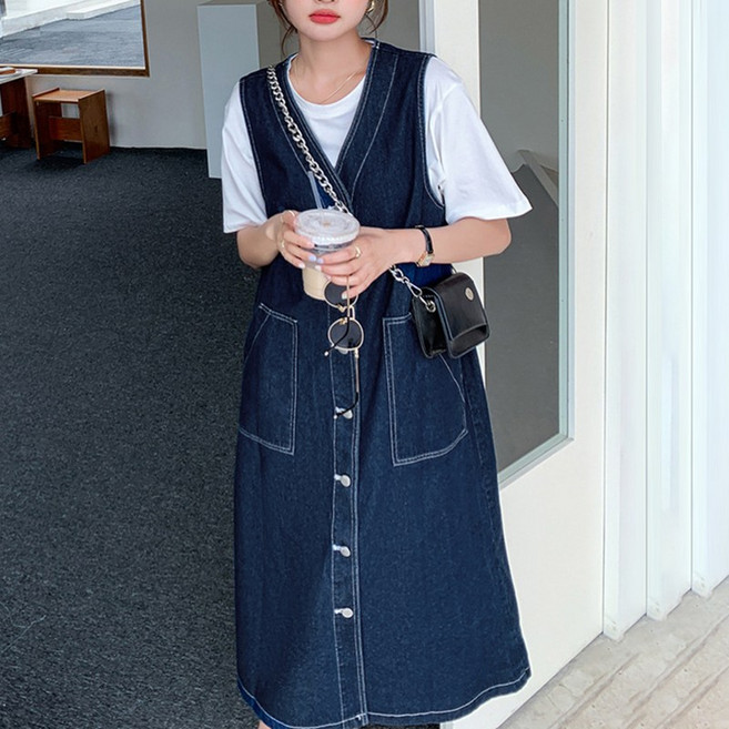 레트로 스타일 프리미엄 데님 베스트 원피스 비보뉴