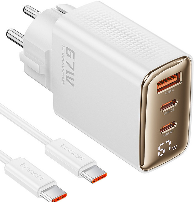 Toocki GaN PPS 67W 3포트 접지형 디스플레이 초고속 멀티충전기, 1세트, 화이트