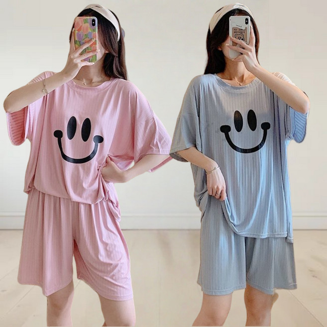 Unique 여성 오버핏 냉감 쿨 파자마 투피스 세트 여름 시원한 반팔티 반바지 잠옷 홈웨어 빅사이즈