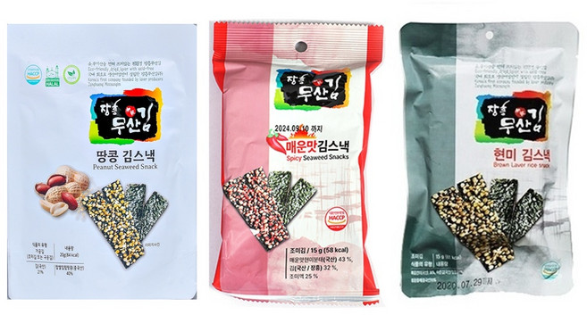 김스낵 / 착한김 장흥무산김 스낵김 땅콩 현미 매운맛 각 5봉, 현미김스낵 1봉