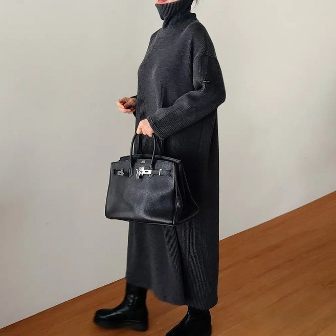 빅걸스토리 빅사이즈 여성 골지 핸드 폴라 롱 원피스