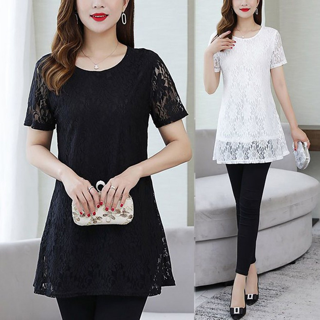 중년여성 레이스 라운드 반팔 티셔츠 캐주얼 슬림핏 시스루 롱티 데일리 고급 블라우스