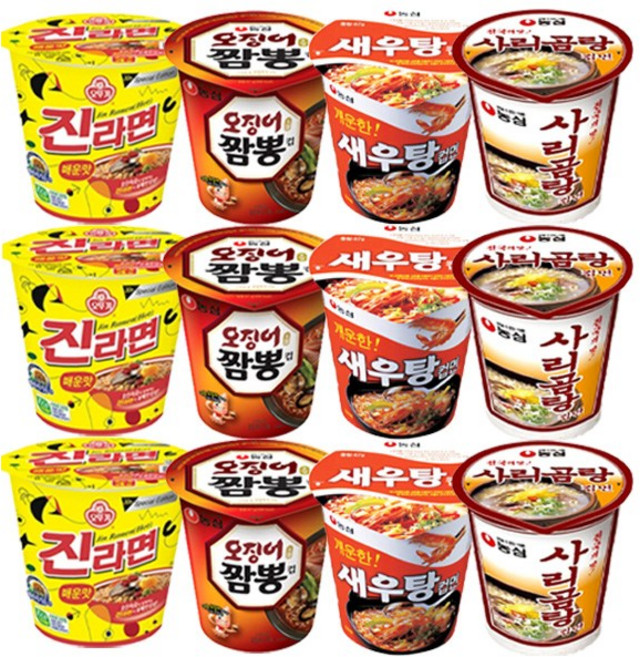 소컵 12종 세트 진라면 매운맛 3개+오징어짬뽕 3개+새우탕 3개+사리곰탕 3개, 1개