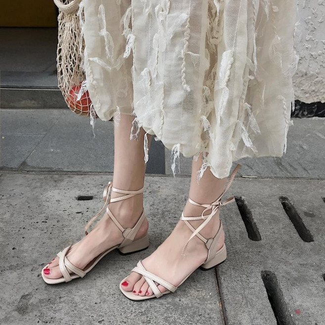 SAMARA 스트랩 발목 리본 끈 샌들 3cm 미들힐