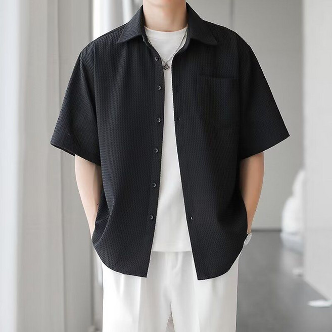 男士夏季短袖襯衫 薄款潮流休閒襯衣, 1個, 黑色2XL