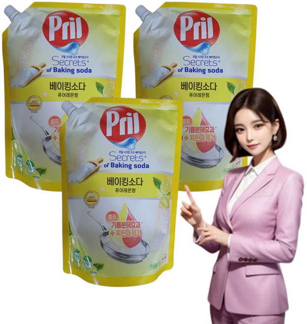 프릴 베이킹소다 주방세제 리필 1L 3 퓨어레몬향 과일 채소 젖병 세척, 3개
