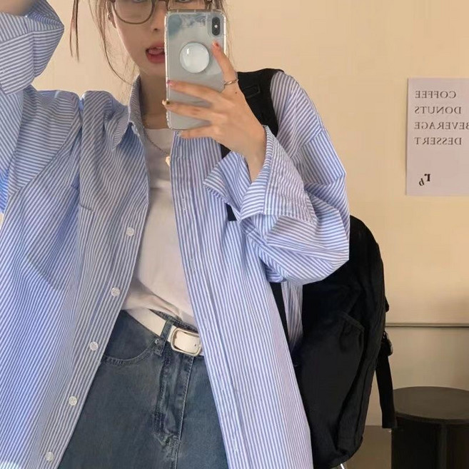 寬鬆條紋長袖襯衫女 中長款百搭外套