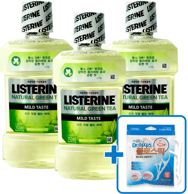 리스테린 250ml x 3개세트 (+플로스픽 치실 80P) 그린티, 1개, 80개입