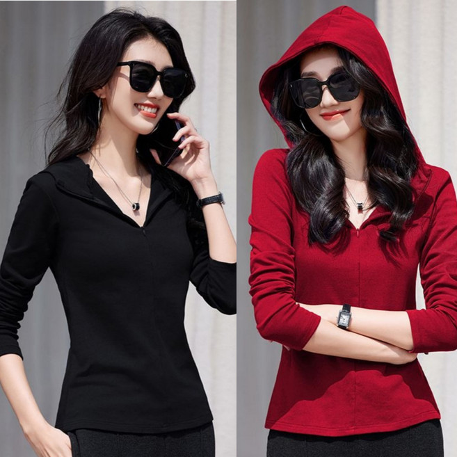 여성 슬림핏 후드 티셔츠 푹신한 스판 브이넥 긴팔 이너티 빅사이즈 봄 여름