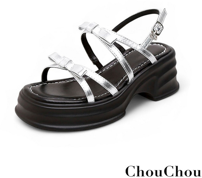 【ChouChou】法式蝴蝶結細帶厚底涼鞋 涼鞋女 富發牌旗艦店, 銀, 37