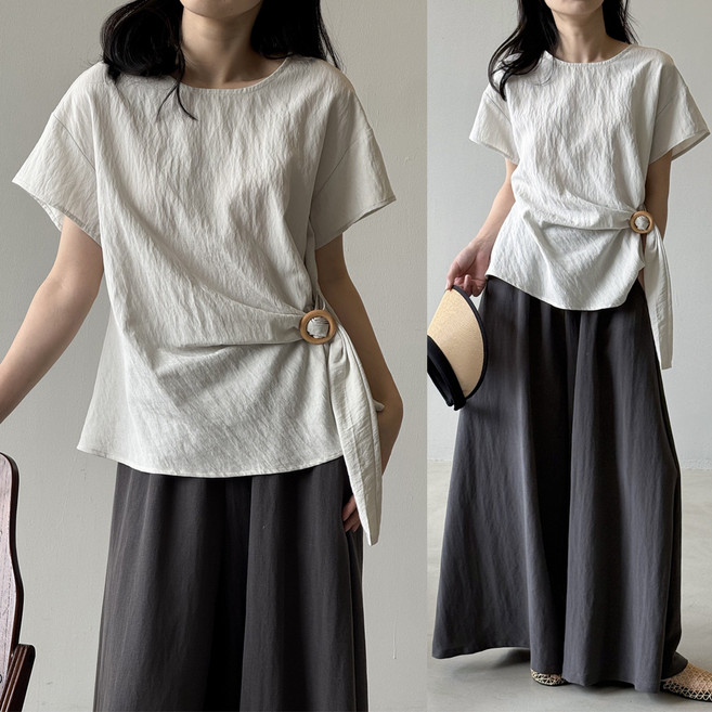 에쥬아 여성 텐셀 반팔블라우스 언발 허리 조임 반팔티 오피스룩 하객룩