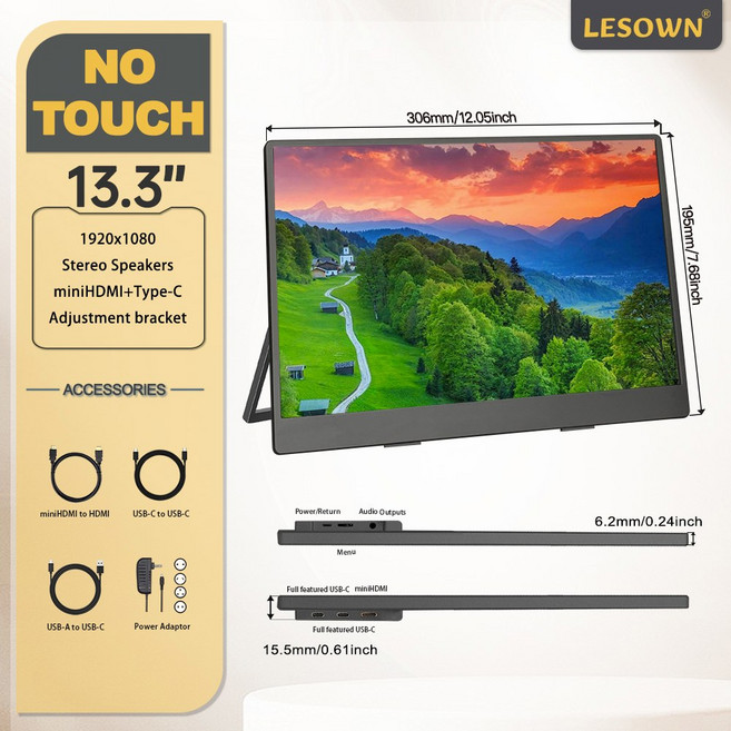 LESOWN 13 인치 휴대용 모니터 터치 IPS 디스플레이 XBOX 스크린 UHD 스위치 3840X2160 VESA 4K LCD 노트북 PC, 1080p no, AU 플러그