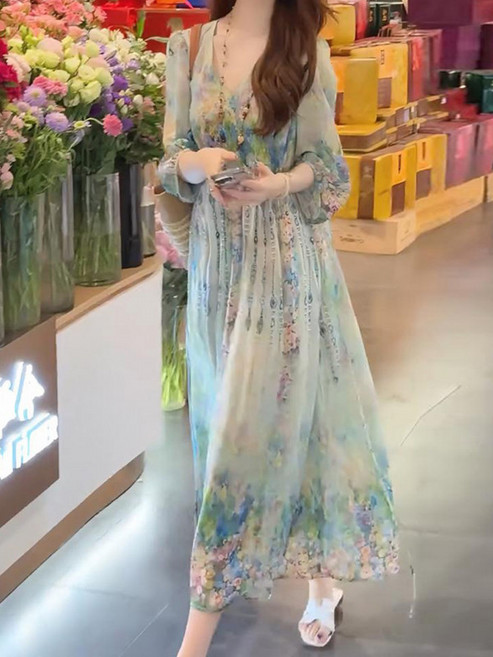 실크 프린트 원피스 여성 여름 민소매 맥시 드레스 우아한 프랑스 스타일 고급 뽕나무 소재 세련된 디자인