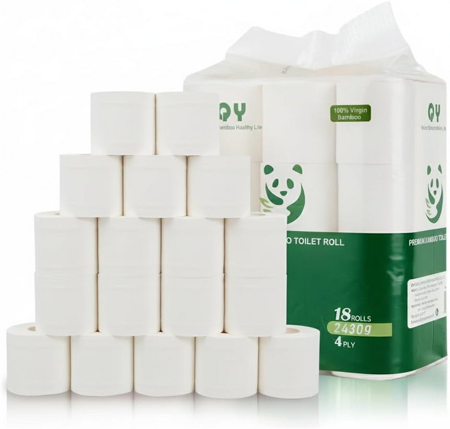 칭야 대나무 화장지 4겹 패혈성 안전 유기 목욕 티슈 18롤 지속 가능하고 나무가 없는 부드럽고 튼튼하며 지구 친화적이며 화학 물질이 PFAS 프리 BPA - FSC 인증흰색, white, 1, 18