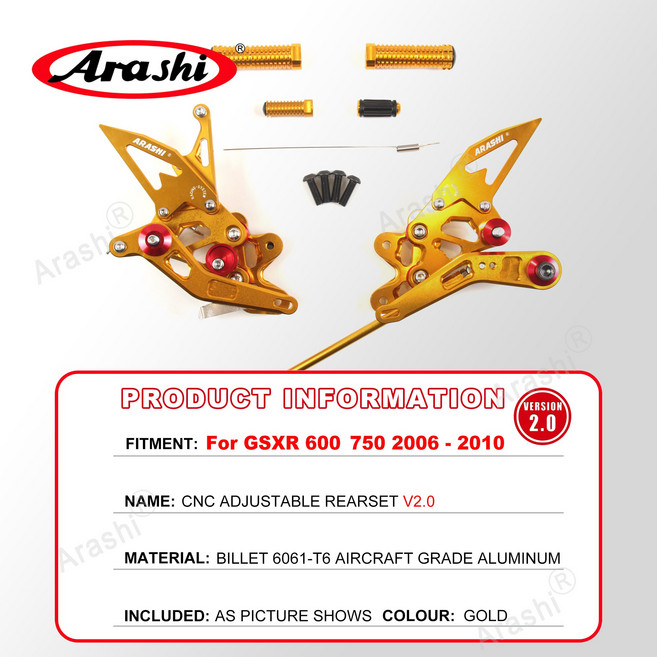 아스라다 아라시 CNC 조절식 풋레스트 스즈키 GSXR 600 750 2006- 풋페그 리어셋, 04 Gold 2006-2010, 01 CHINA
